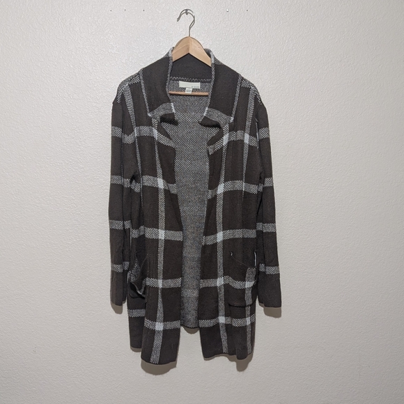 Plaid Brown and White Plaid Long Sleeve Women's Cardigan - Picture 1 of 4